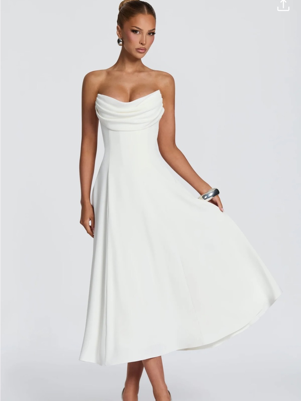 Classic Strapless White Midi Dress with Draped Cowl Neck